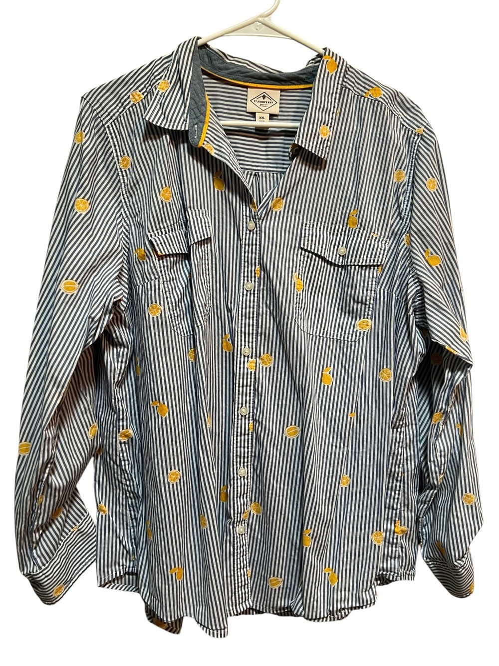 St. John’s Bay Women’s Size XXL Camp Shirt Button Down White Blue Stripes Lemon